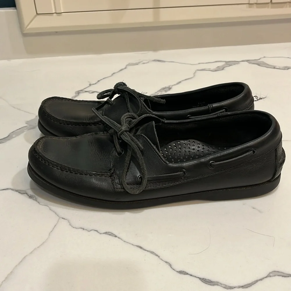 St John’s bay black leather boat shoes